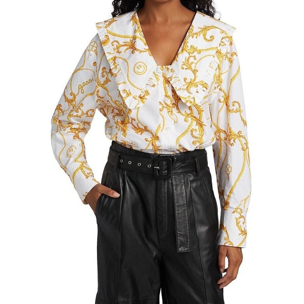 GANNI Button Up Shirt US 6 Egret Gold Chain Ruffle Collar Long Sleeve Blouse Top